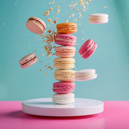 This vivid image showcases an artistic arrangement of colorful macarons floating above a white stand. The bright pink and blue background enhances the dessert's appeal, emphasizing its delightful textures and flavors, perfect for any food-related project.の素材