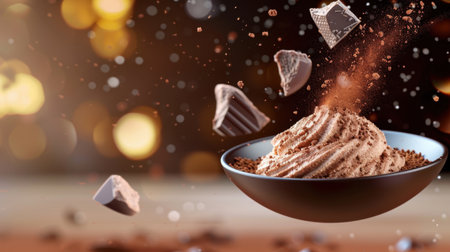 A captivating chocolate dessert in a bowl with flying cocoa powder and chocolate pieces, set against a stunning bokeh background, evokes indulgence.の素材