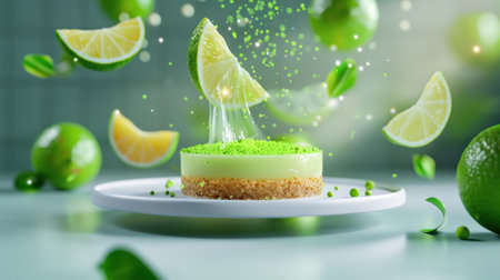 A visually stunning lime dessert showcases floating citrus slices and vibrant green sprinkles, creating an atmosphere of freshness and indulgence.の素材