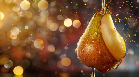 A vibrant close-up image of a fresh pear dripping with juice, set against a colorful blurred background of bokeh lights. This visually appealing shot captures the essence of summer and the freshness of natural fruits. Perfect for promoting healthy eating or culinary creativity.の素材