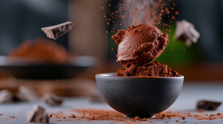 This captivating image captures a scoop of rich chocolate ice cream, elegantly placed in a bowl, surrounded by flying cocoa powder and chocolate chunks.の素材