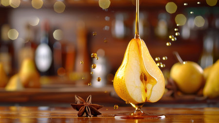 This stunning image showcases a juicy pear half dripping with golden honey, set against a blurred background of warm bokeh lights and star anise.の素材