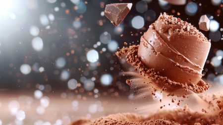 A mesmerizing image of a chocolate dessert suspended in motion, surrounded by cocoa powder and shattered chocolate, creating a dreamy culinary scene.の素材