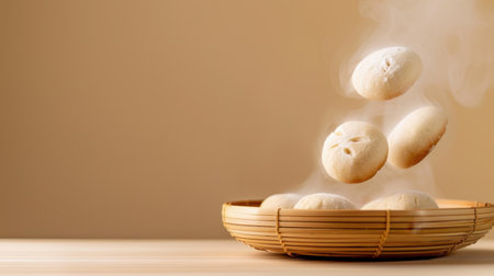 Soft, round buns steam gently above a wooden basket, creating a warm and inviting atmosphere perfect for a cozy kitchen setting.の素材