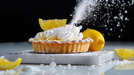 A beautifully arranged lemon tart topped with whipped cream, garnished with fresh lemon slices, and powdered sugar dusting against a sleek black background.の素材