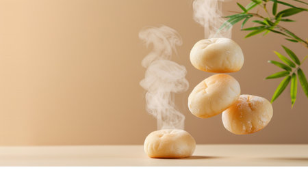 Freshly steamed buns rise above a wooden surface, releasing gentle steam, surrounded by natural bamboo accents, creating a warm and inviting atmosphere.の素材