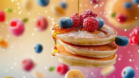 A vibrant and mouthwatering image showcasing fluffy pancakes stacked high, topped with fresh raspberries and blueberries, drizzled with maple syrup.の素材