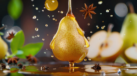 A stunning close-up of a ripe pear drizzled with honey, surrounded by vibrant green leaves and star anise, capturing the essence of natural sweetness.の素材