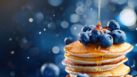 This captivating image features a stack of freshly made pancakes topped with juicy blueberries, drizzled with golden maple syrup, set against a sparkling blue background.の素材