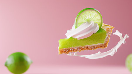 A mouthwatering key lime pie slice topped with fluffy whipped cream and garnished with a fresh lime slice, floating against a soft pink background.の素材
