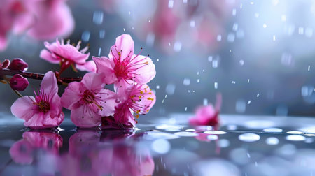 A stunning close-up of pink cherry blossoms covered in raindrops, resting on a reflective surface. The background emphasizes serenity and beauty, perfect for nature-related themes.の素材