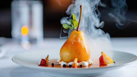 A stunning poached pear dessert featuring a delicate presentation with a smoky effect, fresh mint, and vibrant sauce. Perfect for showcasing gourmet culinary artistry.の素材