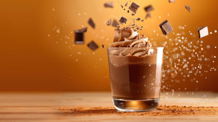 This enticing image features a rich chocolate dessert topped with cream, elegantly presented in a glass. Chunks of chocolate and a vibrant background enhance its visual appeal, making it perfect for any culinary theme.の素材