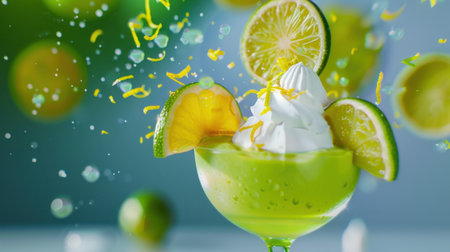 A vibrant green citrus drink garnished with lime slices and whipped cream, perfect for summer gatherings, parties, and refreshing moments.の素材