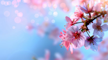 A stunning image of cherry blossom flowers with a soft blue background, featuring bokeh light effects that evoke a serene spring atmosphere.の素材