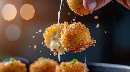 Delight in a closeup of crispy cheese balls being lifted with a hand, showcasing strings of melting cheese. Ideal for food enthusiasts and culinary projects.の素材