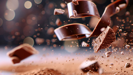 A mesmerizing scene capturing the dynamic movement of chocolate pieces and delicate cocoa shavings in a rich, appetizing atmosphere, ideal for culinary themes.の素材