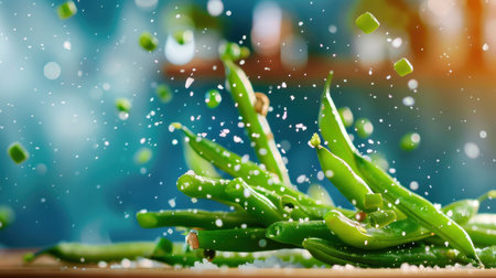 A visually captivating image showcasing fresh green beans being tossed with sea salt, eliciting freshness and flavor in a stunning culinary backdrop.の素材