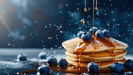 A stunning close-up image showcasing a fluffy stack of pancakes drizzled with maple syrup, topped with fresh blueberries, set against a sparkling background.の素材