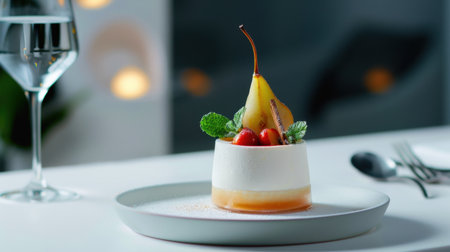A visually stunning dessert featuring a poached pear atop a creamy base, garnished with fresh berries and mint, served elegantly on a white plate with a glass of water.の素材