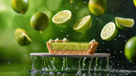 Delight in this vibrant image of a freshly baked lime pie, featuring floating lime slices against a refreshing green backdrop, perfect for summer desserts.の素材