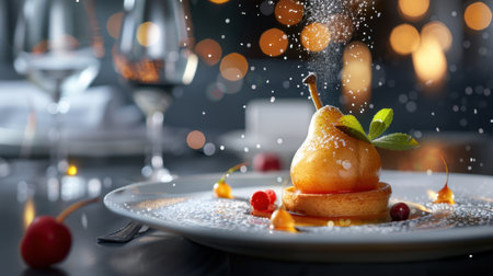 A beautifully plated poached pear served on a delicate pastry with a sprinkle of sugar, illuminated by bright bokeh lights. Perfect for fine dining experiences.の素材