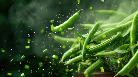 A dynamic, close-up image of fresh green peppers and chopped herbs creating an exciting splash, showcasing vibrant textures and colors in a culinary scene.の素材