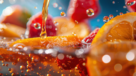 A captivating close-up image of vibrant citrus fruits splashing in bubbly liquid, evoking a refreshing summer drink experience filled with flavor.の素材