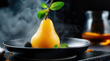 This stunning image features an elegant pear dessert adorned with fresh mint leaves and surrounded by aromatic smoke, displayed on a sleek black plate, perfect for culinary inspiration.の素材