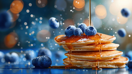 A mouthwatering stack of fluffy pancakes, adorned with ripe blueberries and sweet maple syrup, beautifully captured against a vibrant, blurred background.の素材