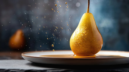 This stunning image features a fresh pear with glistening water droplets, elegantly placed on a simple plate against a soft blue backdrop, showcasing its natural beauty.の素材