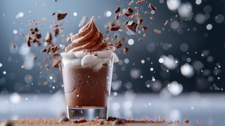 This visually stunning dessert features rich chocolate topped with whipped cream and cocoa sprinkles, perfect for any sweet lover or celebration.の素材