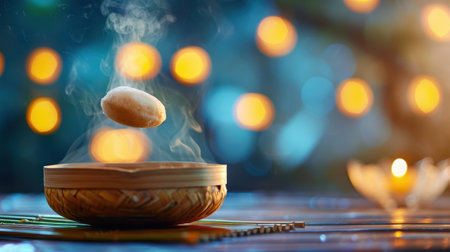 A beautifully arranged steaming dumpling in a bamboo steamer creates an appealing atmosphere with soft glowing lights in the background, perfect for food lovers.の素材