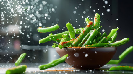 This vibrant image captures fresh green beans dramatically falling into a rustic bowl, with seasoning and salt sprinkled in the air, creating an appealing culinary atmosphere.の素材