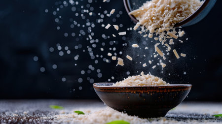 A wooden spoon tips flour into a dark brown bowl, creating a dynamic scene with flour particles suspended in the air against a muted backdrop.の素材