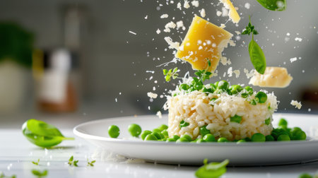 This captivating image showcases expertly prepared risotto accented with fresh peas and delicate cheese, embodying culinary artistry and vibrant dining.の素材