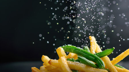 A tantalizing image of crispy French fries paired with fresh green beans, elegantly sprinkled with salt against a dark backdrop, perfect for food media.の素材