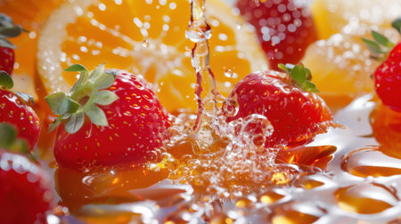 A vibrant image showcasing fresh strawberries and citrus fruits splashing in a refreshing juice. The vivid colors and bubbles evoke a feeling of summer and hydration, perfect for promoting healthy living and delicious beverages.の素材