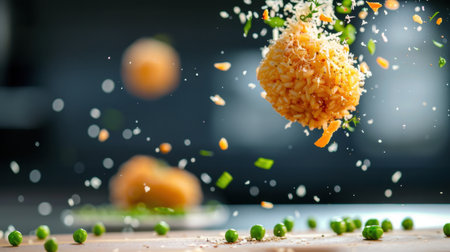 A vibrant and dynamic image capturing a golden rice ball in mid-air surrounded by fresh green peas and herbs, illustrating the art of culinary preparation.の素材