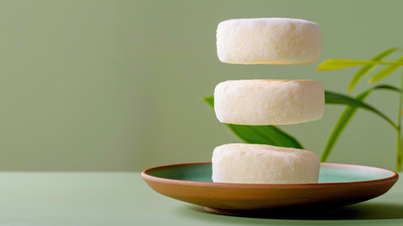 This image features three floating soap bars on a plate, perfectly balanced against a soft green backdrop, capturing the essence of natural beauty and skincare.の素材