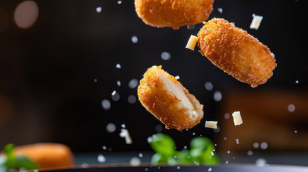 A dynamic capture of crispy golden croquettes suspended in the air, showcasing exquisite textures with grated cheese and seasoning, perfect for culinary inspiration.の素材