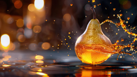 This stunning image showcases a pear splashing into liquid against a warm, bokeh background, highlighting the freshness and beauty of fruit in motion.の素材