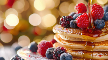 A tempting stack of fluffy pancakes drizzled with rich maple syrup and adorned with fresh berries. Perfect for breakfast or brunch celebrations.の素材