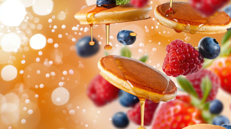 Delight in this artistic representation of pancakes drizzled with syrup surrounded by fresh berries, capturing the essence of a joyful breakfast experience.の素材