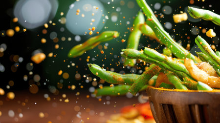 Fresh green beans are tossed with a blend of seasonings in an energetic culinary scene, showcasing vibrant colors and textures perfect for a dish.の素材
