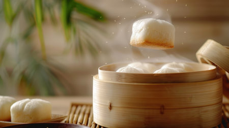 A delicate steamed bun hovers above a bamboo steamer, surrounded by a gentle mist, showcasing the inviting nature of Asian cuisine. Perfect for food lovers.の素材