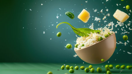 A captivating image showcasing fresh ingredients in motion, featuring pasta, peas, spinach, and cheese in a stylish bowl against a soft green background. Perfect for culinary inspiration.の素材