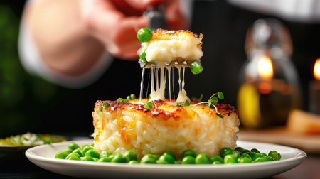 A delicious gourmet risotto cake features melted cheese with a perfectly crisp top, sitting on a bed of vibrant green peas and topped with microgreens.の素材