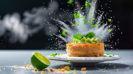 A captivating image of a fresh key lime cheesecake garnished with mint and whipped cream, showcasing an explosion of sugar powder against a gray backdrop.の素材