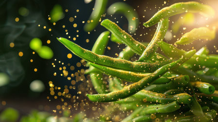 A stunning shot of fresh green beans being tossed with vibrant spices, showcasing dynamic motion and vibrant colors perfect for culinary designs.の素材